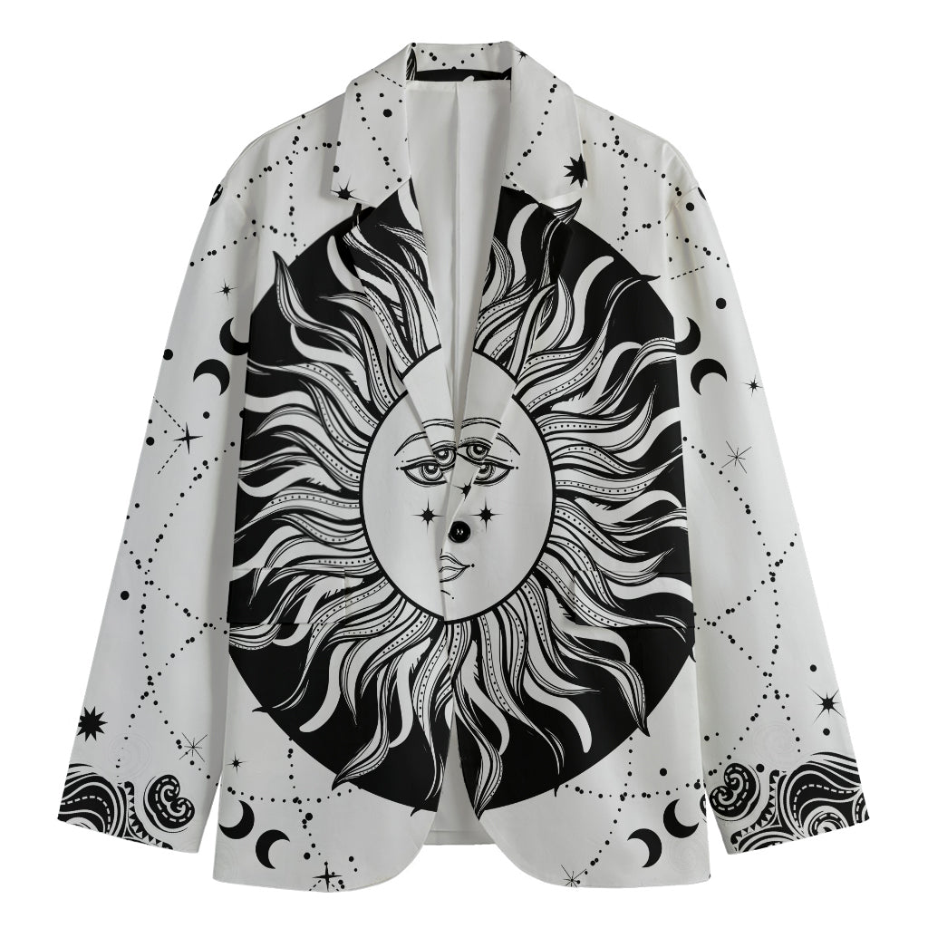 Black And White Celestial Sun Print Men's Cotton Blazer