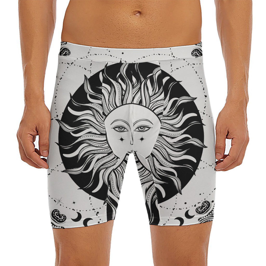Black And White Celestial Sun Print Men's Long Boxer Briefs