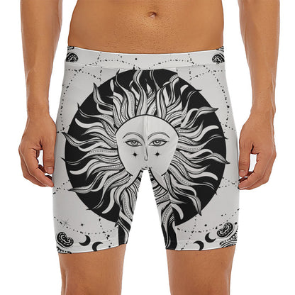 Black And White Celestial Sun Print Men's Long Boxer Briefs