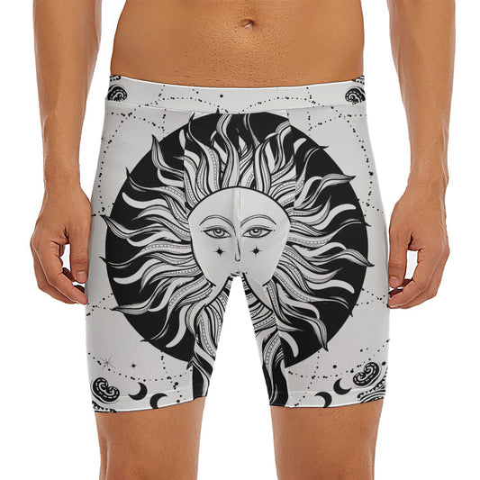 Black And White Celestial Sun Print Men's Long Boxer Briefs