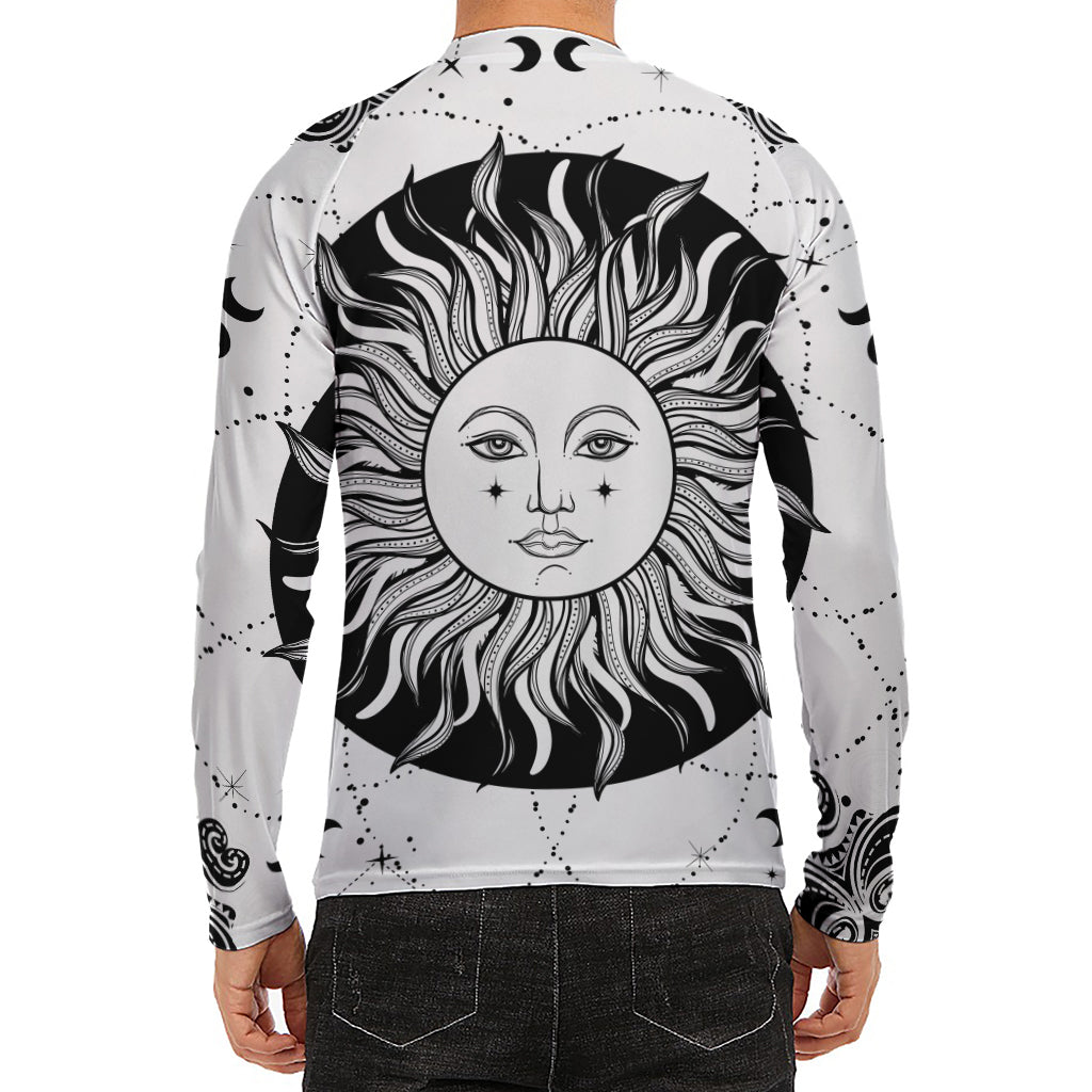 Black And White Celestial Sun Print Men's Long Sleeve Rash Guard