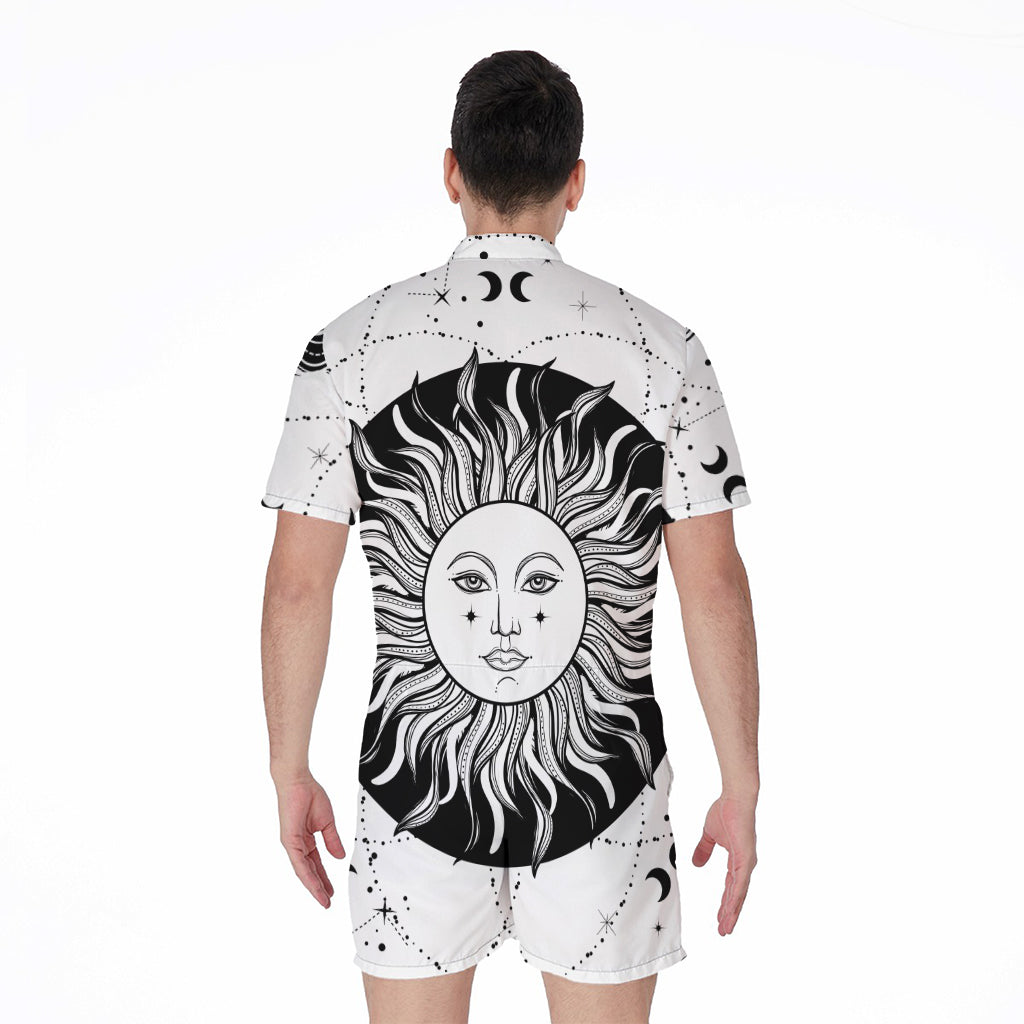 Black And White Celestial Sun Print Men's Rompers