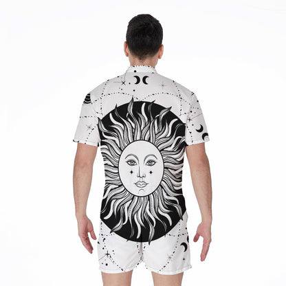 Black And White Celestial Sun Print Men's Rompers