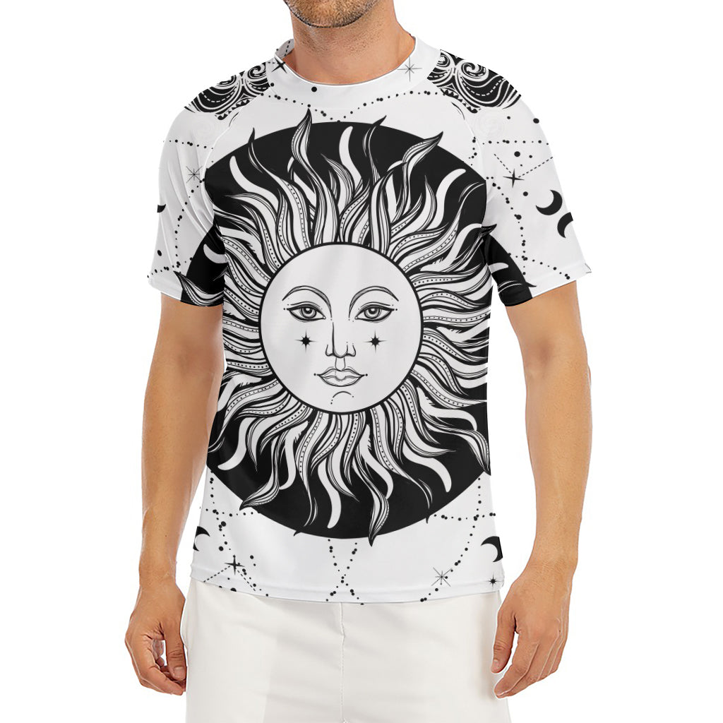 Black And White Celestial Sun Print Men's Short Sleeve Rash Guard