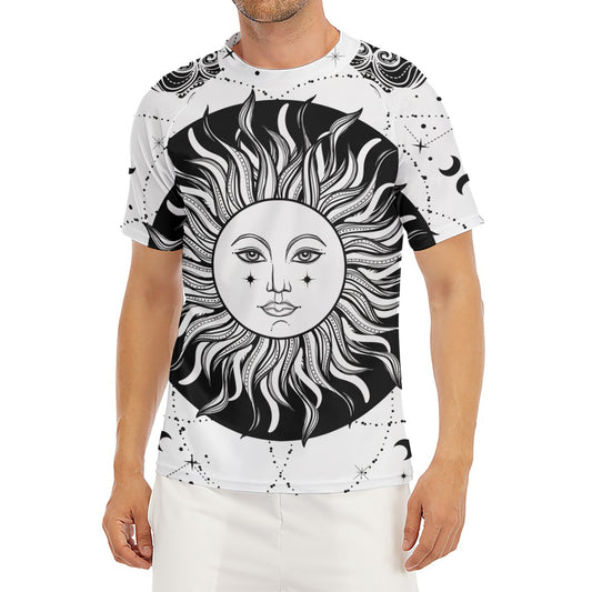Black And White Celestial Sun Print Men's Short Sleeve Rash Guard