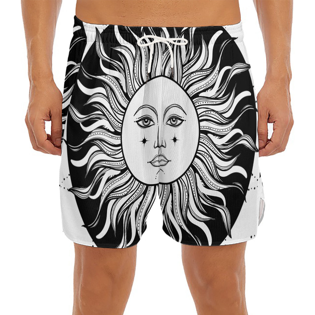 Black And White Celestial Sun Print Men's Split Running Shorts