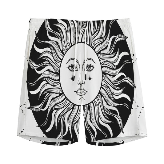 Black And White Celestial Sun Print Men's Sports Shorts