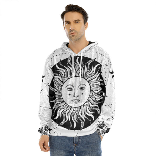Black And White Celestial Sun Print Men's Velvet Pullover Hoodie
