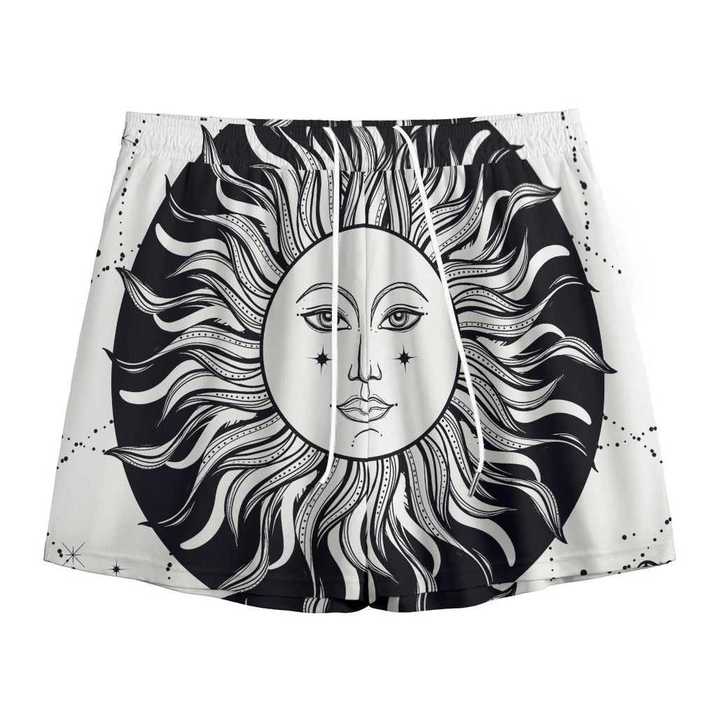 Black And White Celestial Sun Print Mesh Shorts