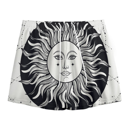 Black And White Celestial Sun Print Mesh Shorts