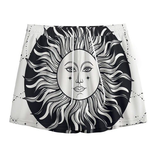 Black And White Celestial Sun Print Mesh Shorts