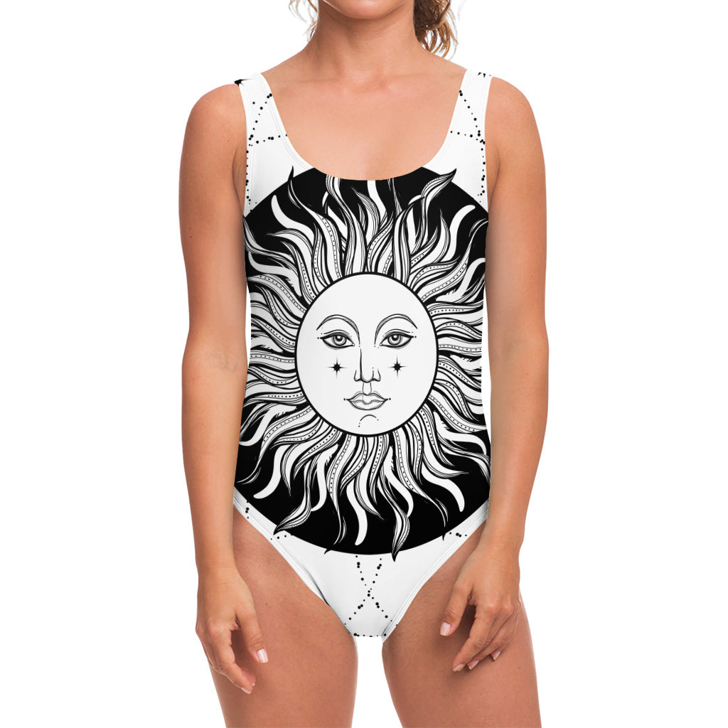Black And White Celestial Sun Print One Piece Swimsuit