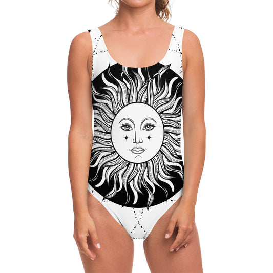 Black And White Celestial Sun Print One Piece Swimsuit