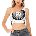 Black And White Celestial Sun Print One Shoulder Crop Top