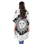 Black And White Celestial Sun Print Open Front Beach Cover Up