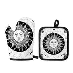 Black And White Celestial Sun Print Oven Mitt And Pot Holder Set
