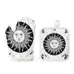 Black And White Celestial Sun Print Oven Mitt And Pot Holder Set
