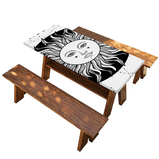 Black And White Celestial Sun Print Picnic Table Cover
