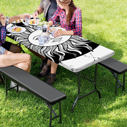 Black And White Celestial Sun Print Picnic Table Cover