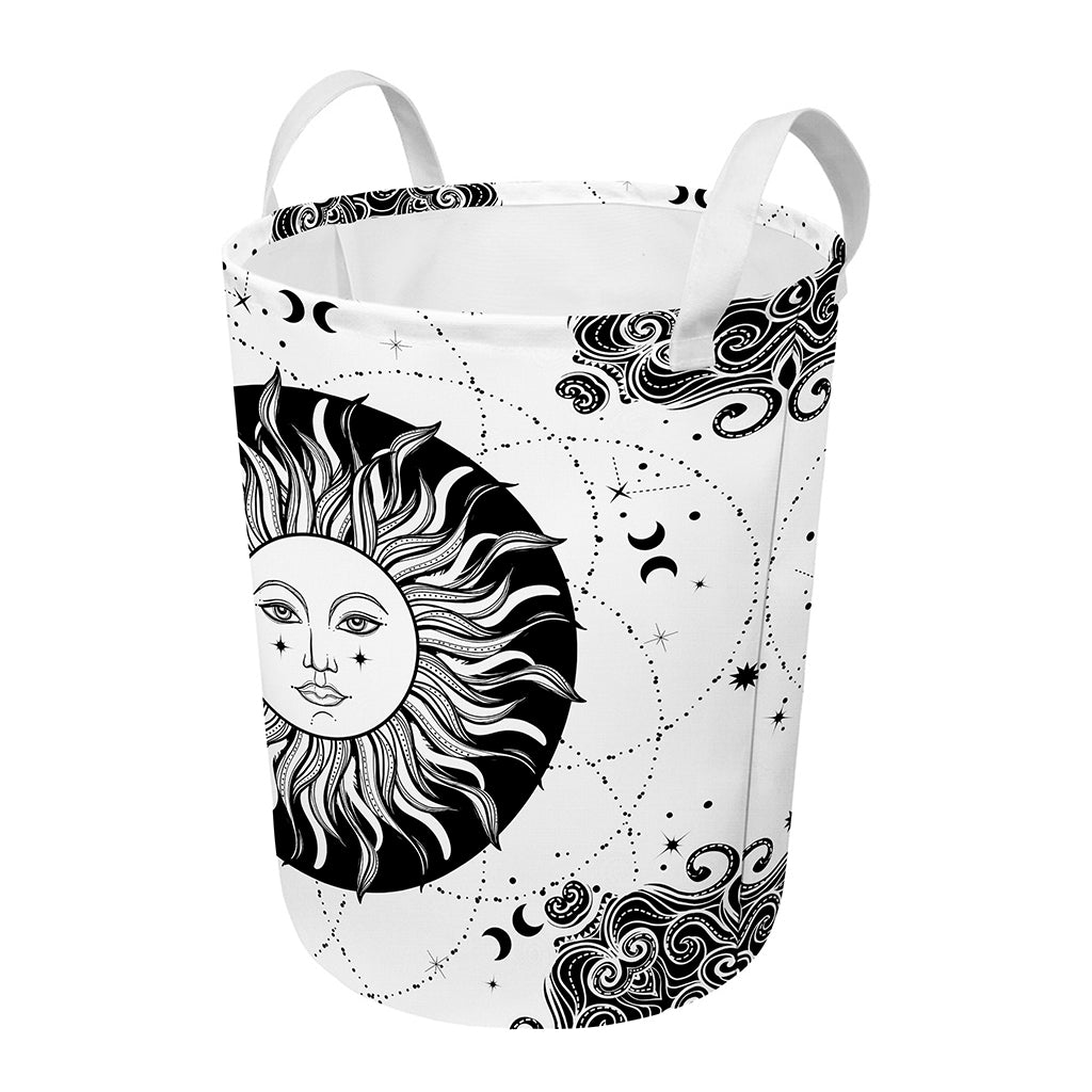 Black And White Celestial Sun Print Round Laundry Basket