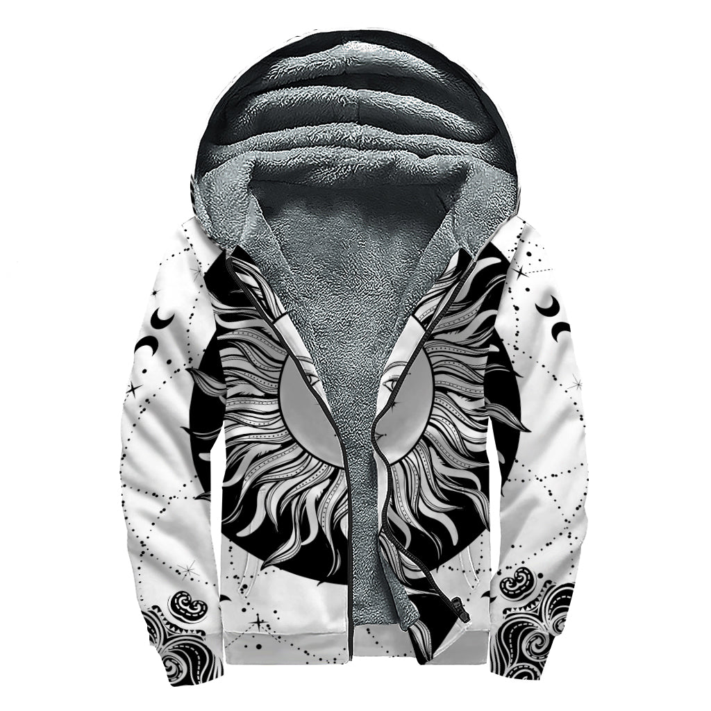 Black And White Celestial Sun Print Sherpa Lined Zip Up Hoodie