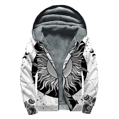 Black And White Celestial Sun Print Sherpa Lined Zip Up Hoodie