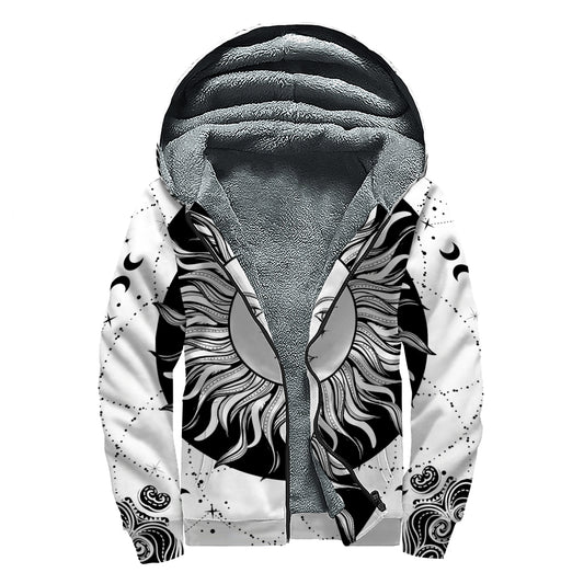 Black And White Celestial Sun Print Sherpa Lined Zip Up Hoodie