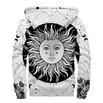 Black And White Celestial Sun Print Sherpa Lined Zip Up Hoodie