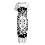 Black And White Celestial Sun Print Short Sleeve Long Nightdress