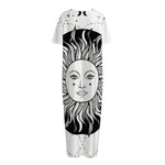 Black And White Celestial Sun Print Short Sleeve Long Nightdress
