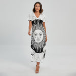 Black And White Celestial Sun Print Short Sleeve Maxi Dress