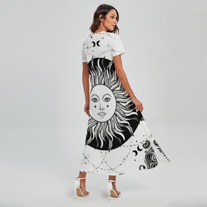 Black And White Celestial Sun Print Short Sleeve Maxi Dress
