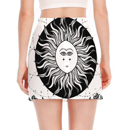 Black And White Celestial Sun Print Side Slit Mini Skirt