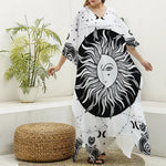 Black And White Celestial Sun Print Silk V-Neck Kaftan Dress