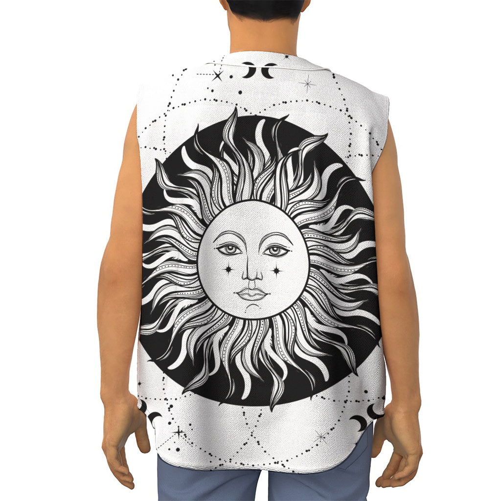 Black And White Celestial Sun Print Sleeveless Baseball Jersey