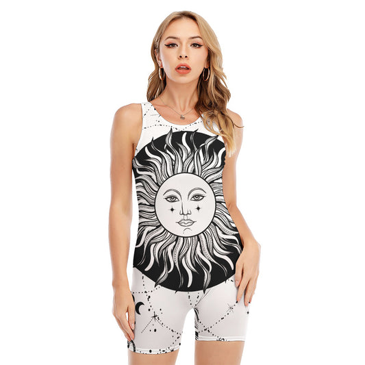 Black And White Celestial Sun Print Sleeveless One Piece Swimsuit
