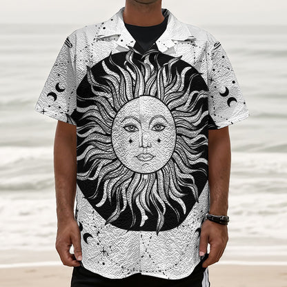 Black And White Celestial Sun Print Textured Short Sleeve Shirt