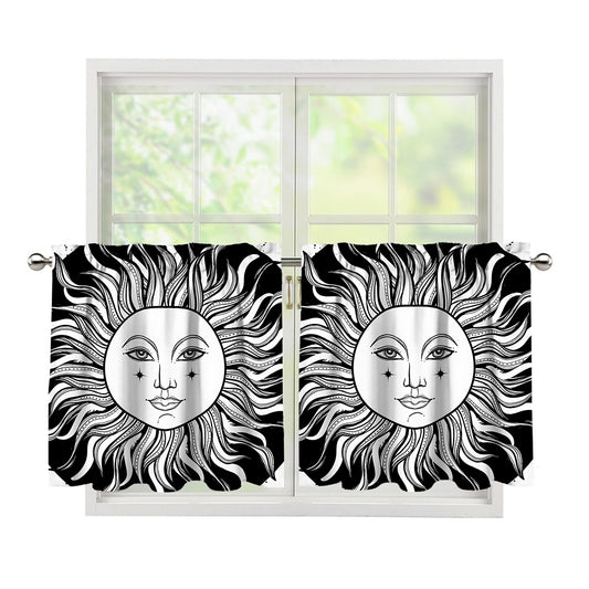 Black And White Celestial Sun Print Tier Curtains