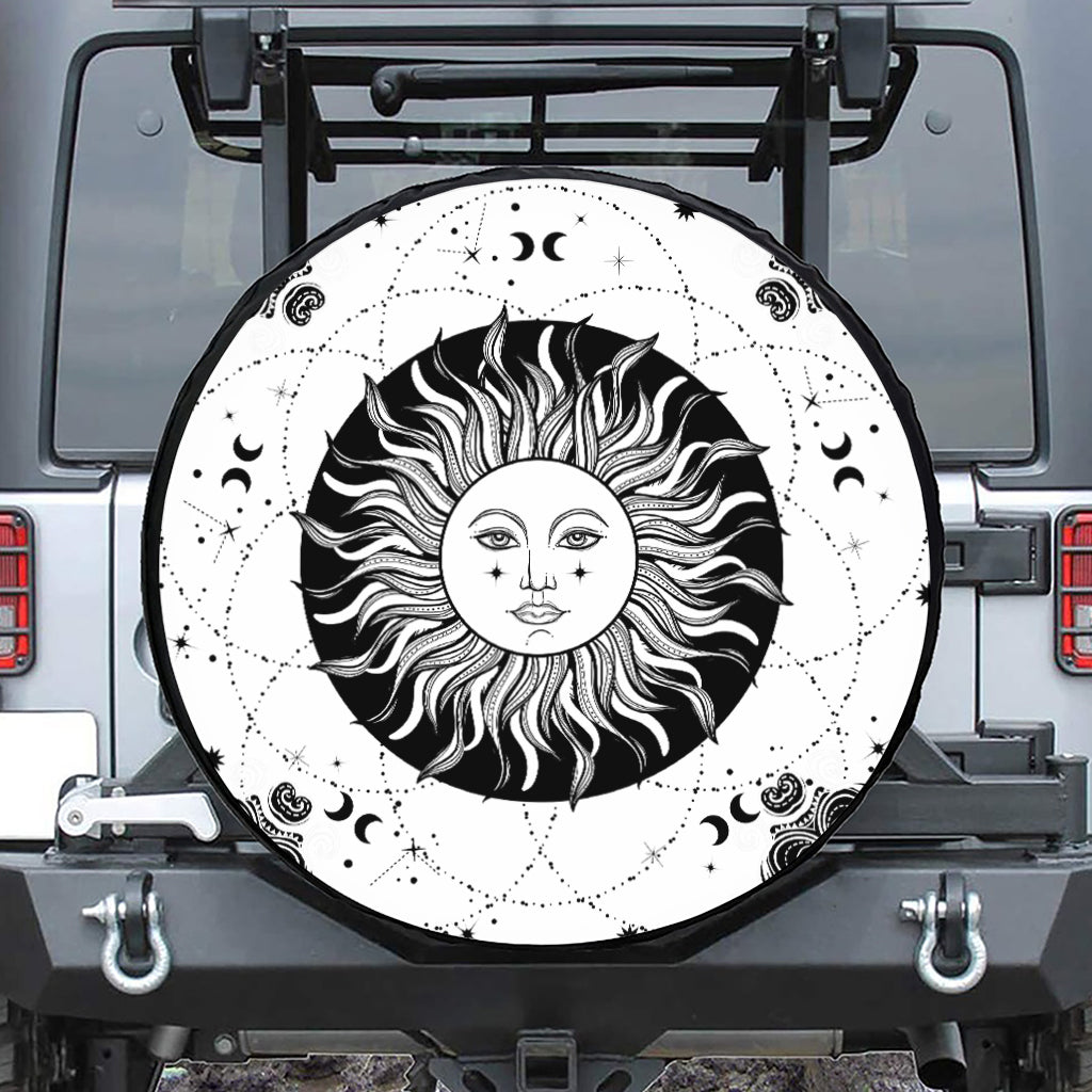 Black And White Celestial Sun Print Tire Cover