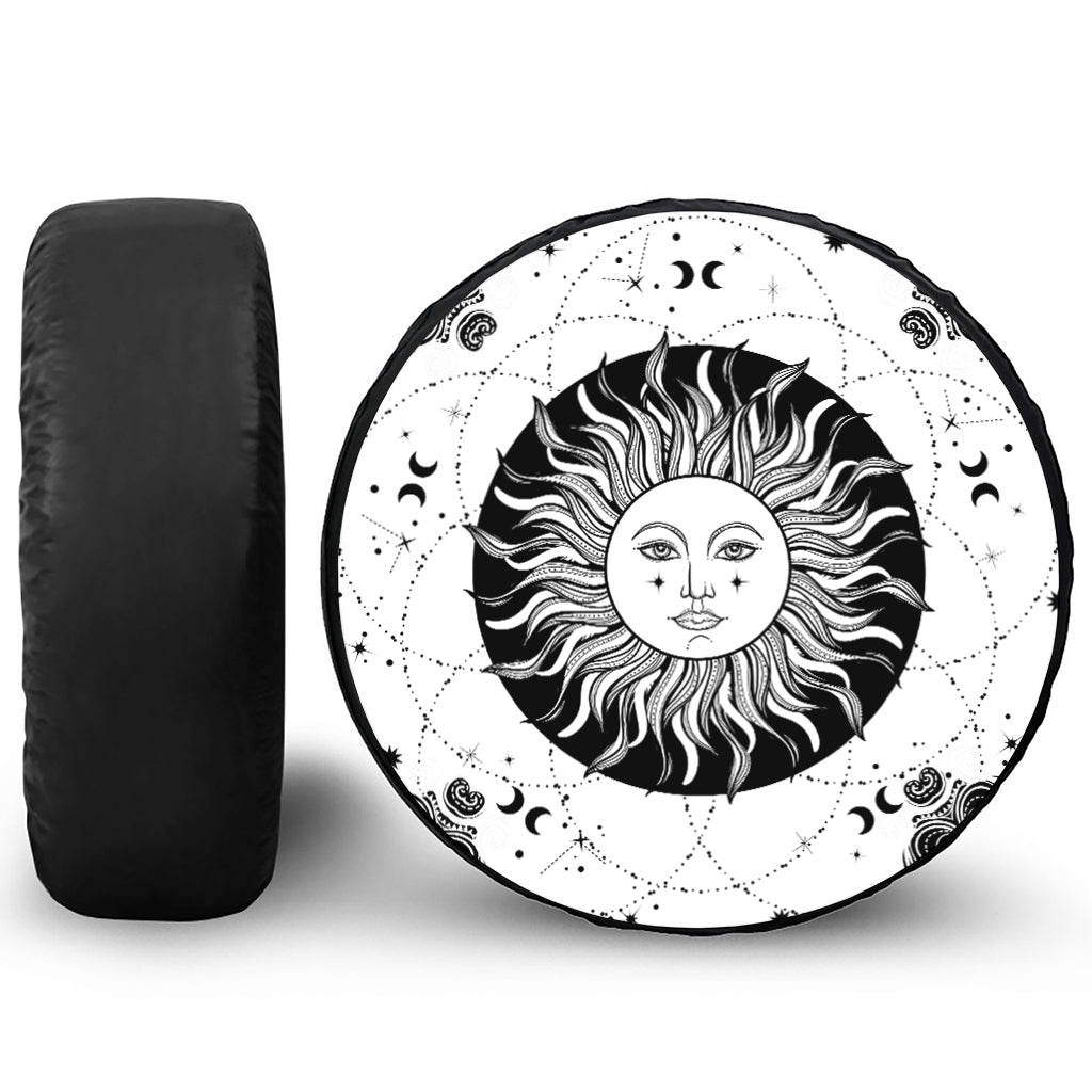 Black And White Celestial Sun Print Tire Cover