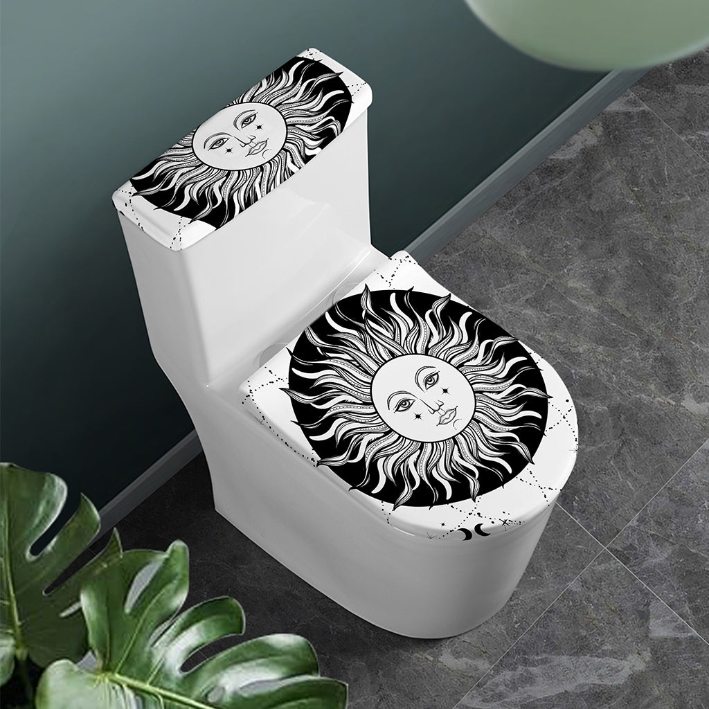 Black And White Celestial Sun Print Toilet Lid And Tank Cover Set
