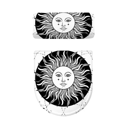 Black And White Celestial Sun Print Toilet Lid And Tank Cover Set