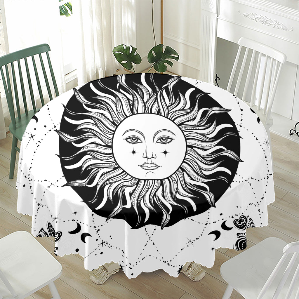 Black And White Celestial Sun Print Waterproof Round Tablecloth