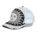 Black And White Celestial Sun Print White Mesh Trucker Cap