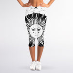 Black And White Celestial Sun Print Women's Capri Leggings