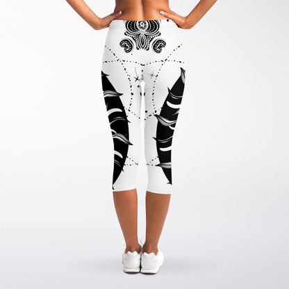 Black And White Celestial Sun Print Women's Capri Leggings