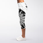 Black And White Celestial Sun Print Women's Capri Leggings