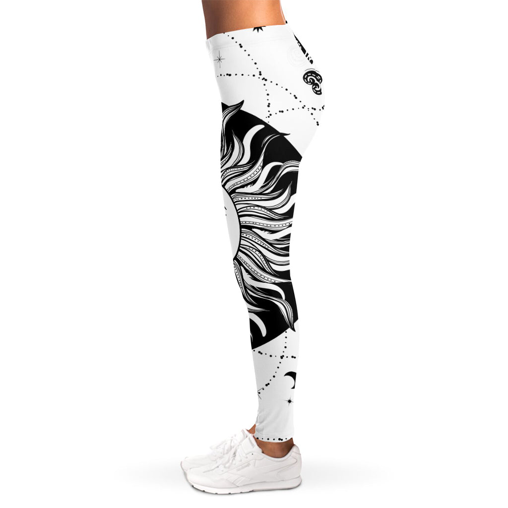 Black And White Celestial Sun Print Women's Leggings