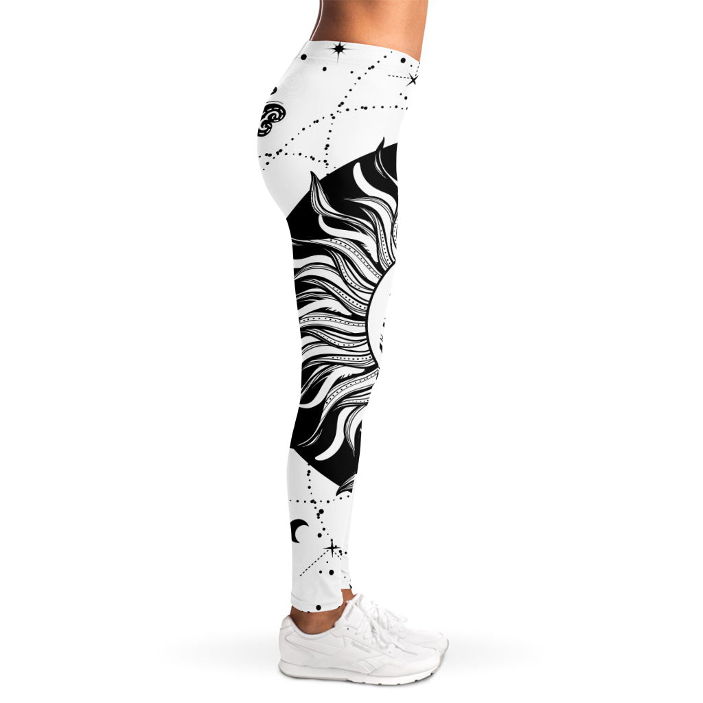 Black And White Celestial Sun Print Women's Leggings