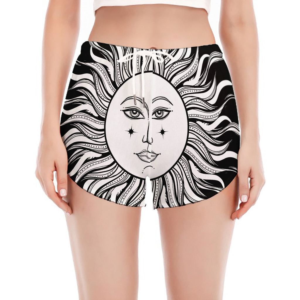 Black And White Celestial Sun Print Women's Split Running Shorts